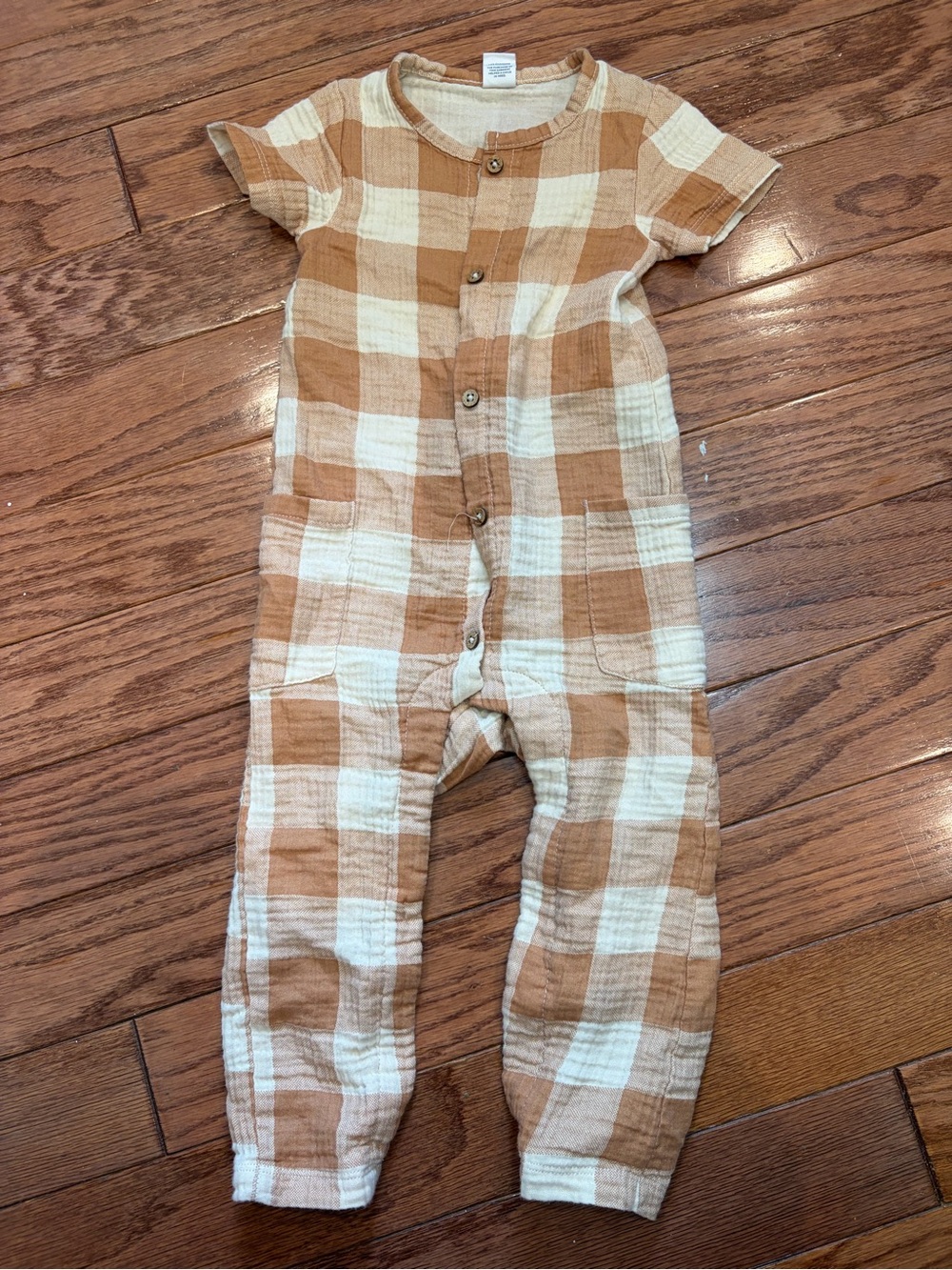 Colored Organics Cream and Tan Checkered Short-Sleeve One-Piece
